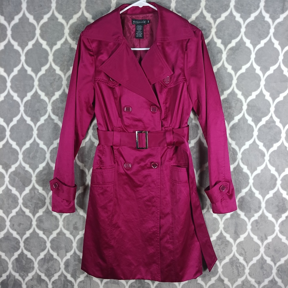 Rampage Trench Coat Women Size Medium Magenta Pink Double Breasted Belted Jacket